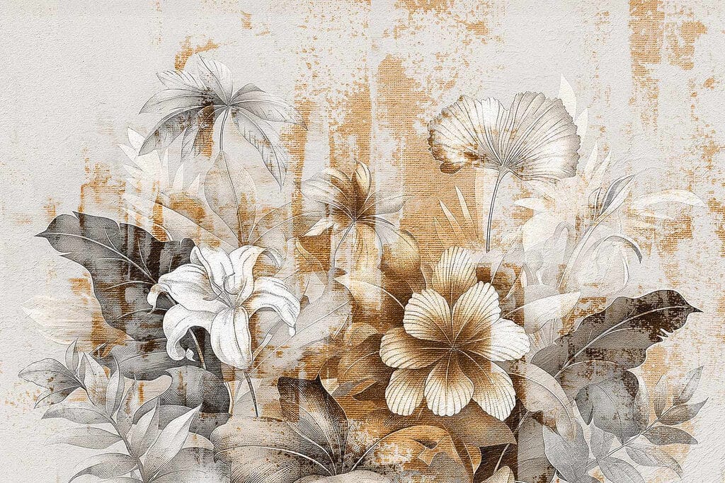 Okerkleurige bloemen op verflagen — volledig ontwerp