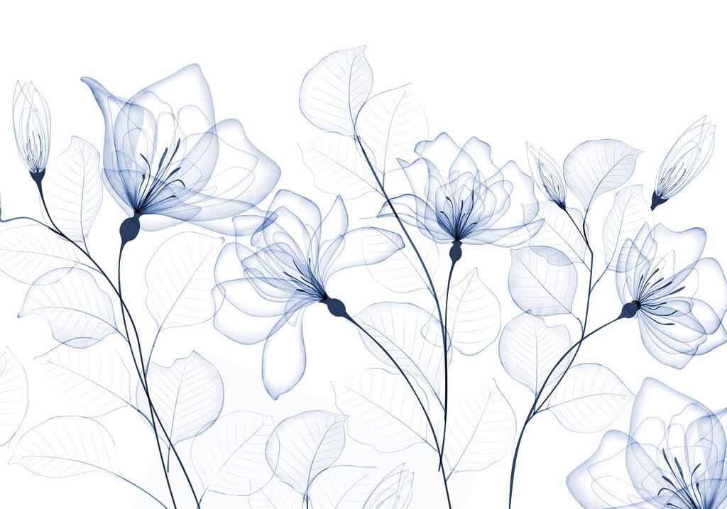 Blauwe bloemen als inktlijnen — volledig ontwerp