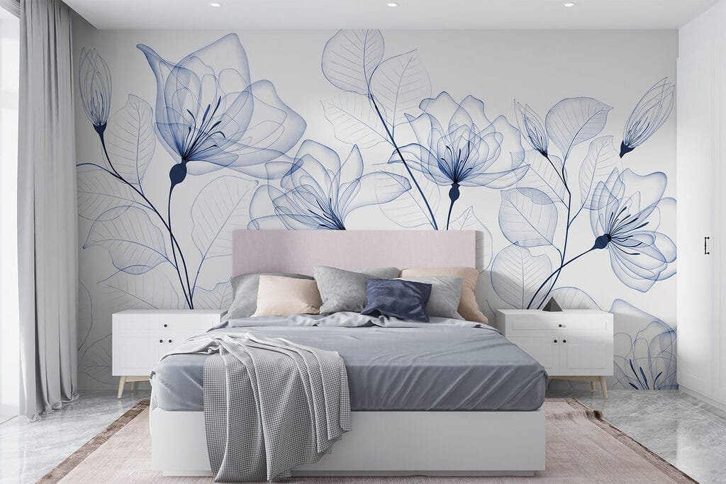 Blauwe bloemen als inktlijnen — interieur 1