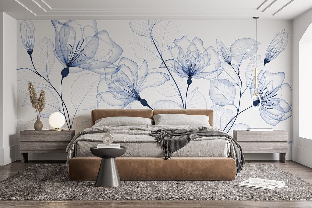 Blauwe bloemen als inktlijnen — interieur 2