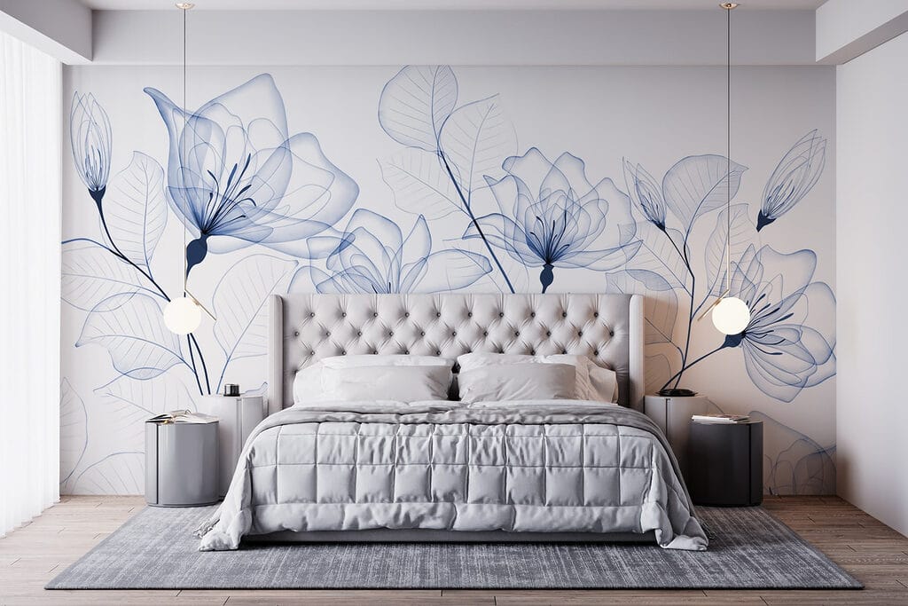 Blauwe bloemen als inktlijnen — interieur 3