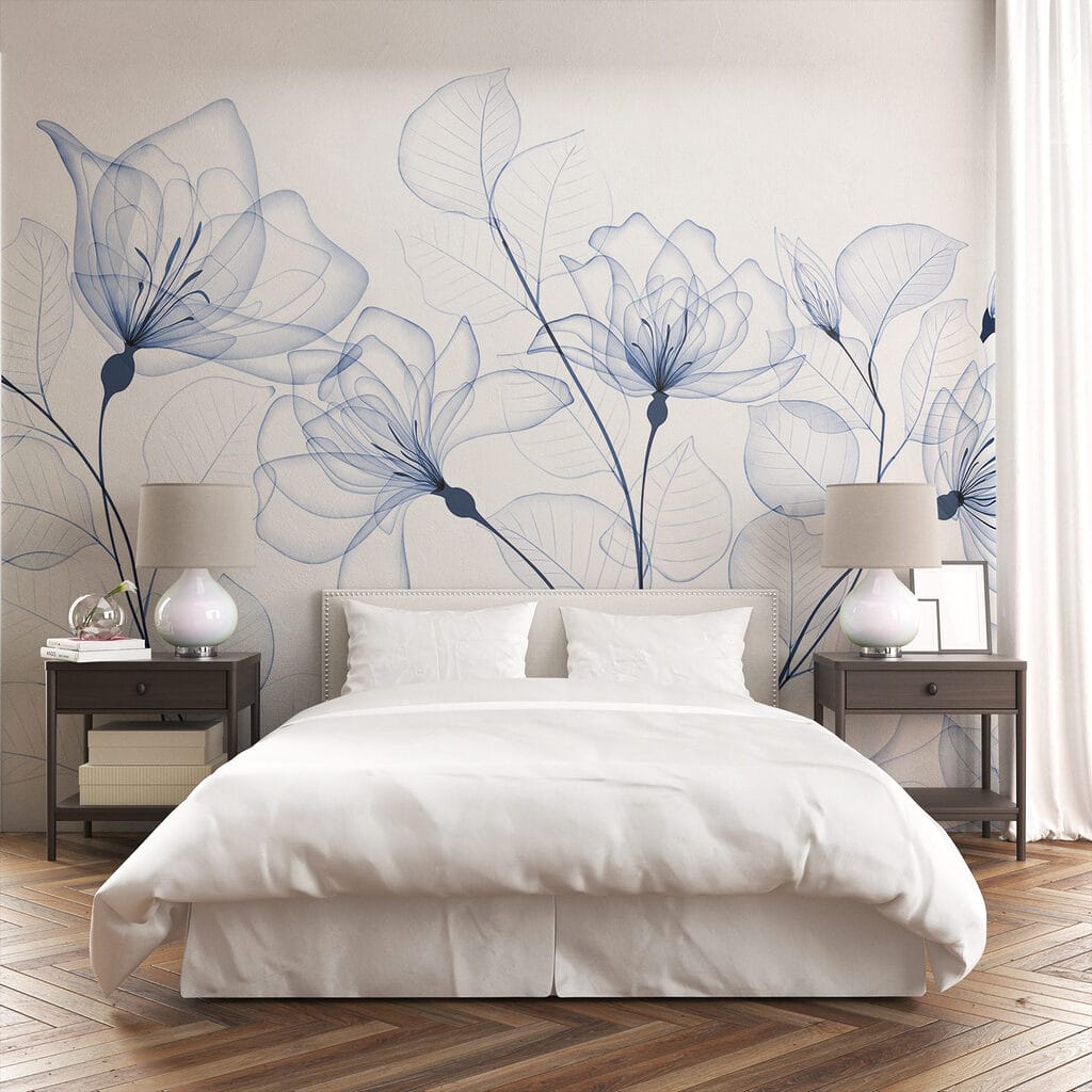 Blauwe bloemen als inktlijnen — interieur 4