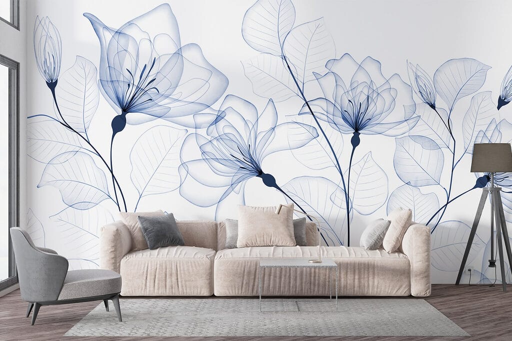 Blauwe bloemen als inktlijnen — interieur 5