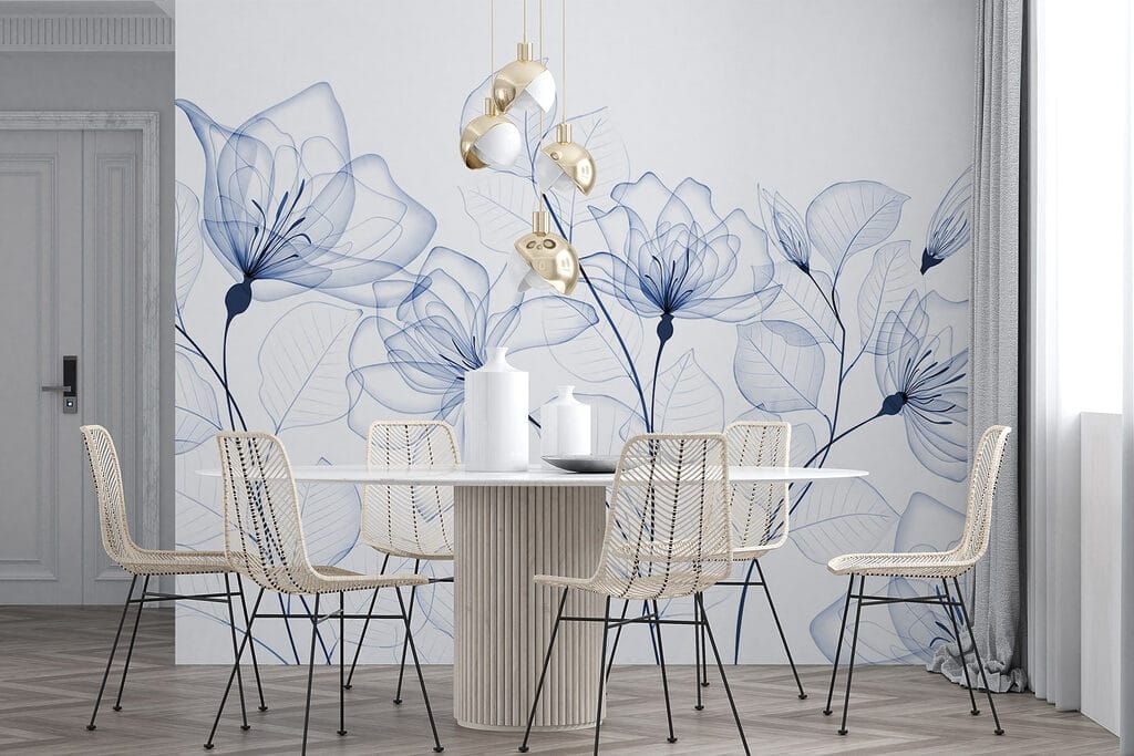 Blauwe bloemen als inktlijnen — interieur 6