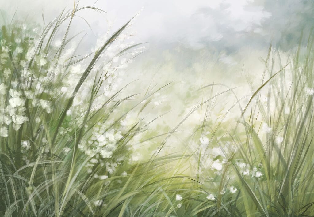 Witte bloemetjes tussen grashalmen — volledig ontwerp