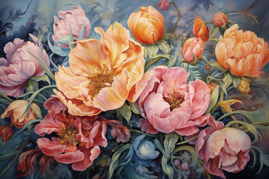 Oranje pioenen tussen roze — volledig ontwerp
