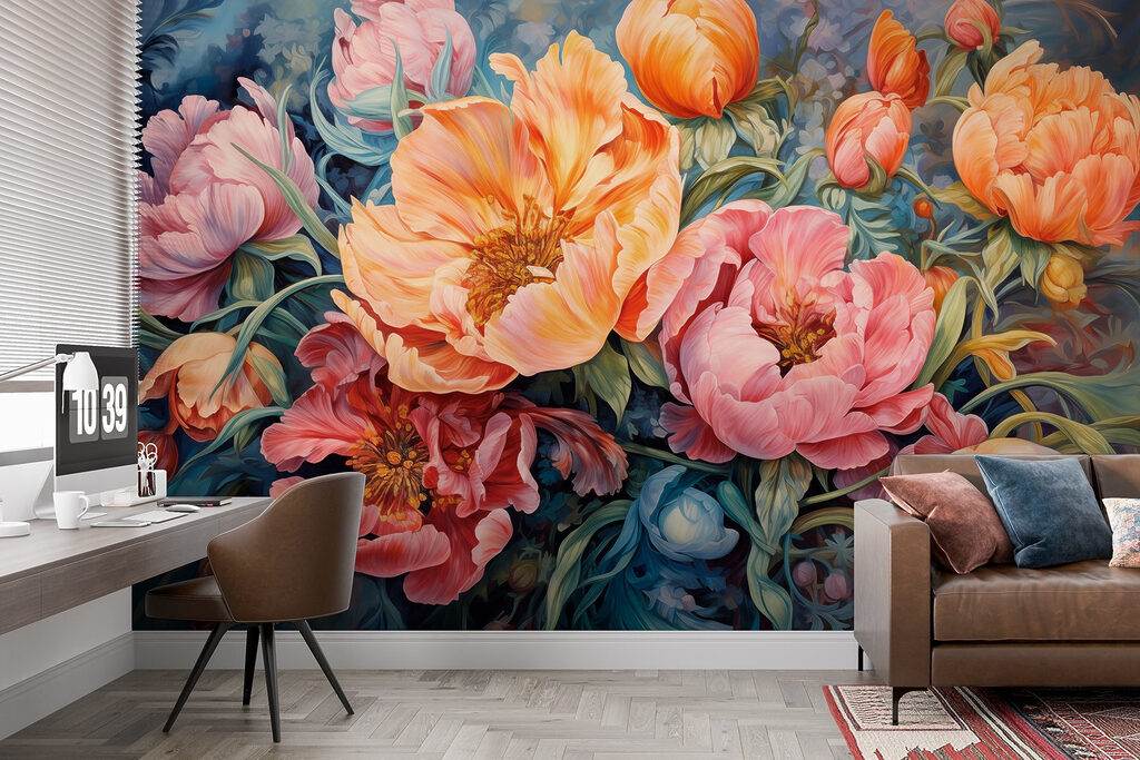 Oranje pioenen tussen roze — interieur 3