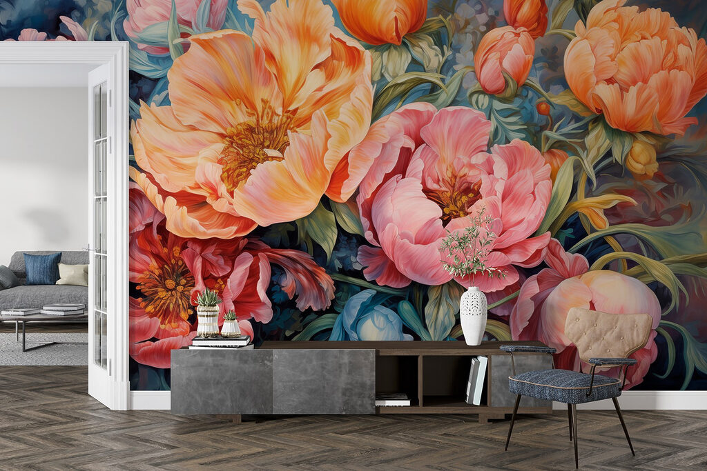 Oranje pioenen tussen roze — interieur 5
