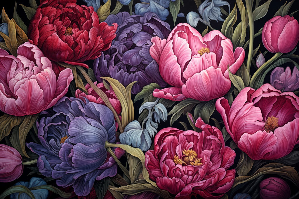 Dieproze bloemen, blauwe bladeren — volledig ontwerp
