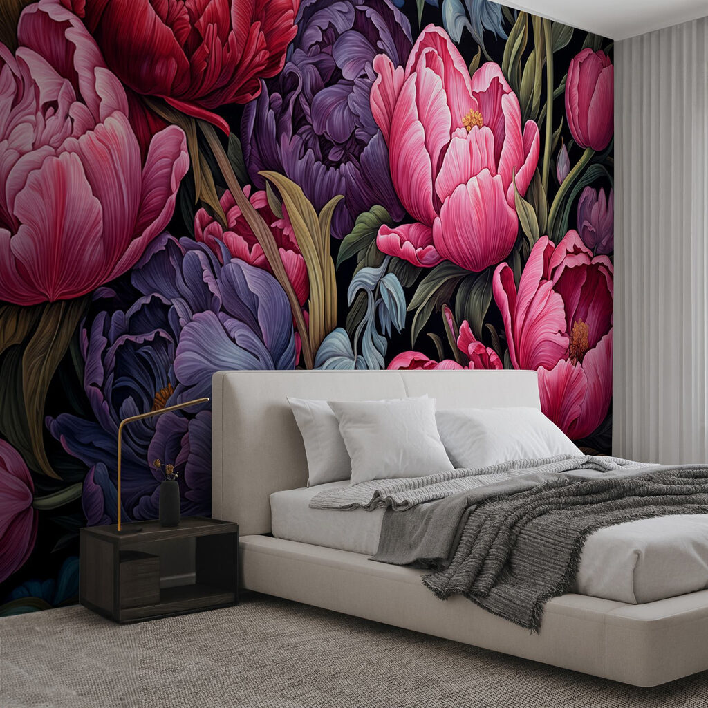 Dieproze bloemen, blauwe bladeren — interieur 1
