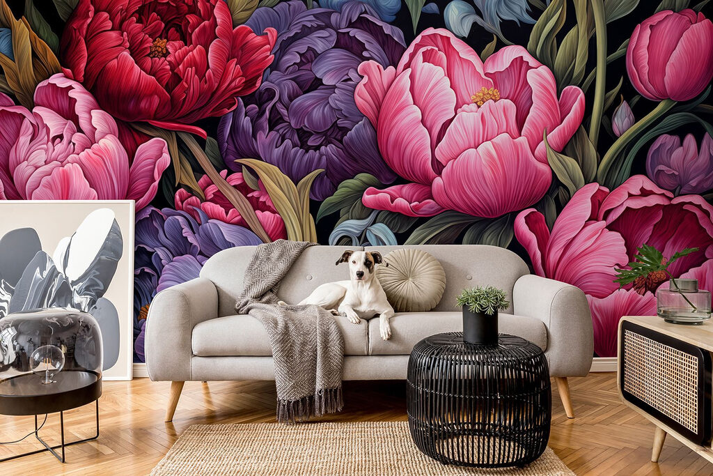Dieproze bloemen, blauwe bladeren — interieur 3