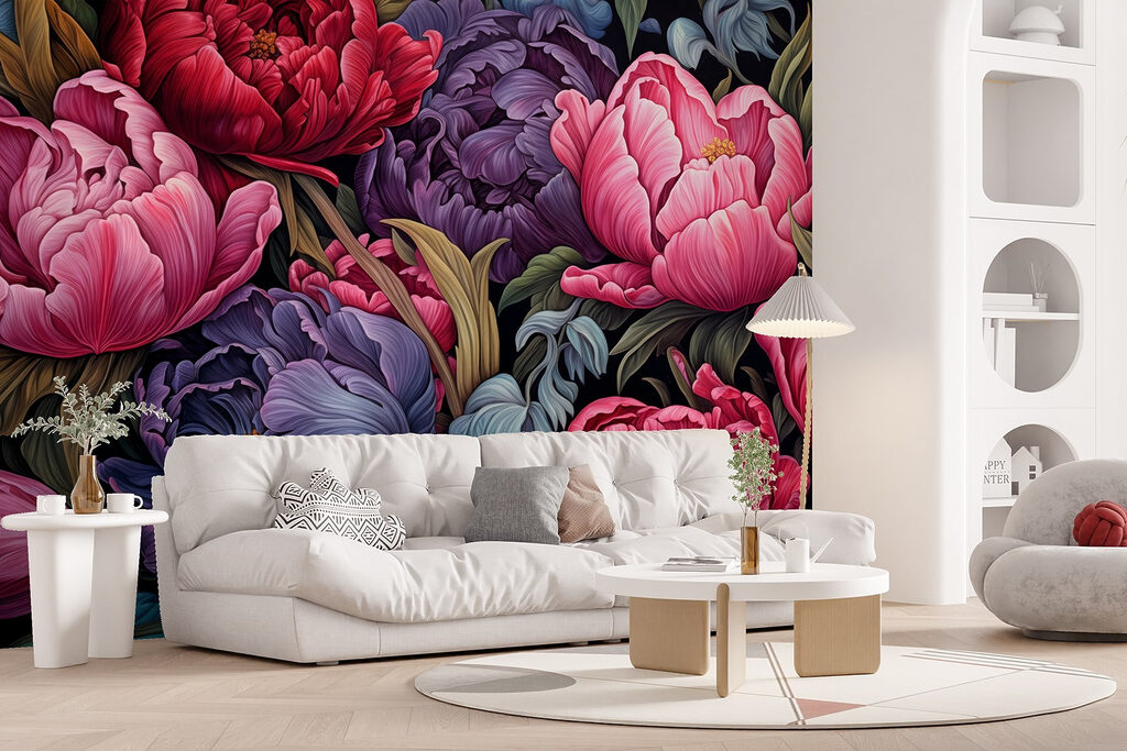 Dieproze bloemen, blauwe bladeren — interieur 4