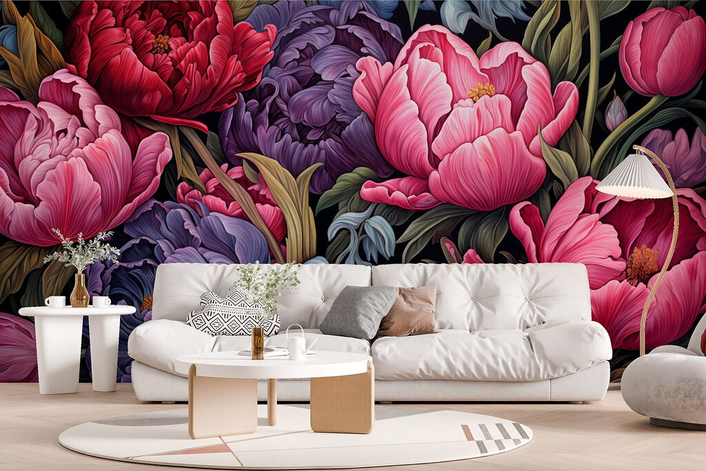 Dieproze bloemen, blauwe bladeren — interieur 5