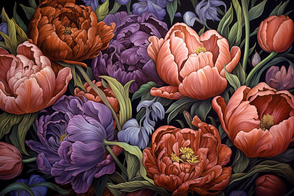 Dieprode bloemen naast paars — volledig ontwerp