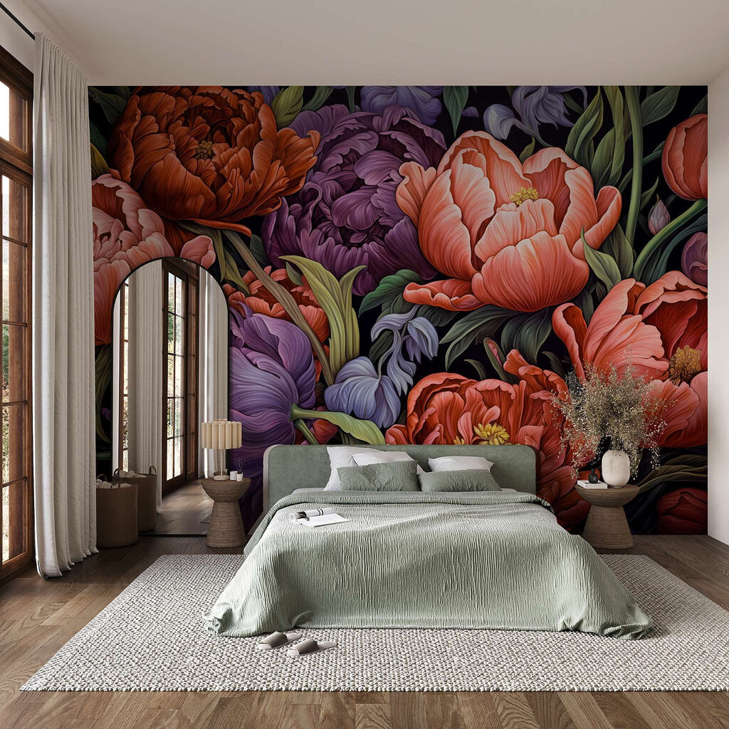 Levendige bloemen in rijke kleuren in een interieur