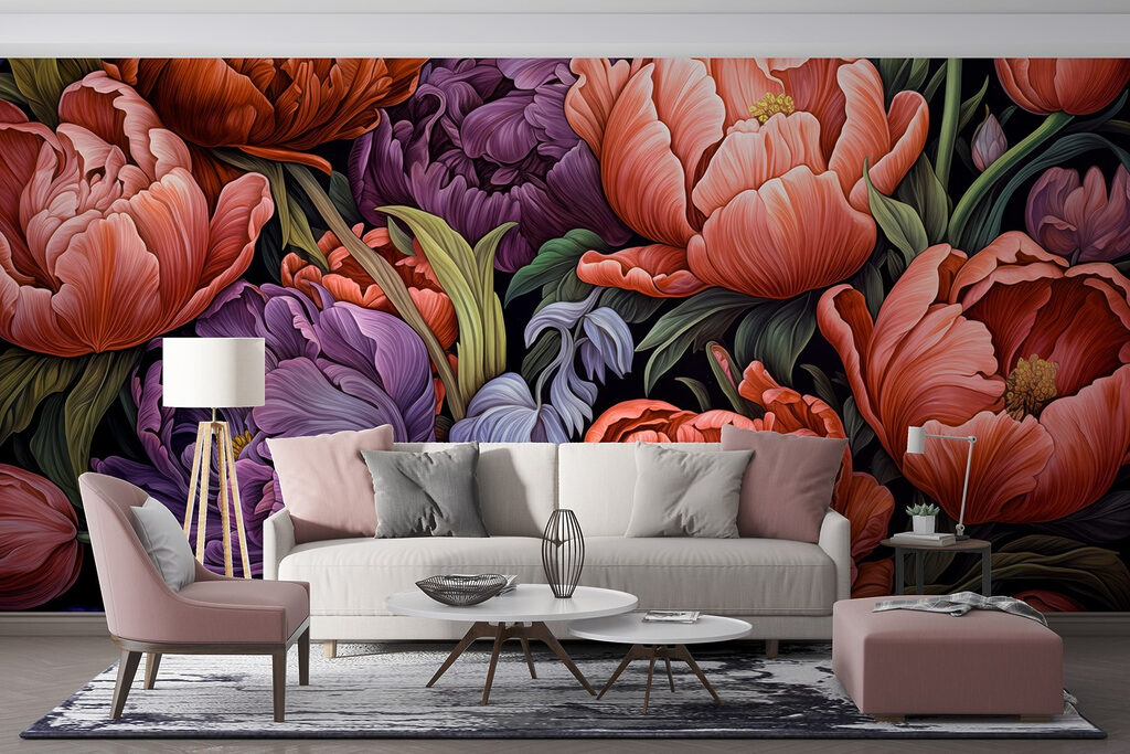 Dieprode bloemen naast paars — interieur 2