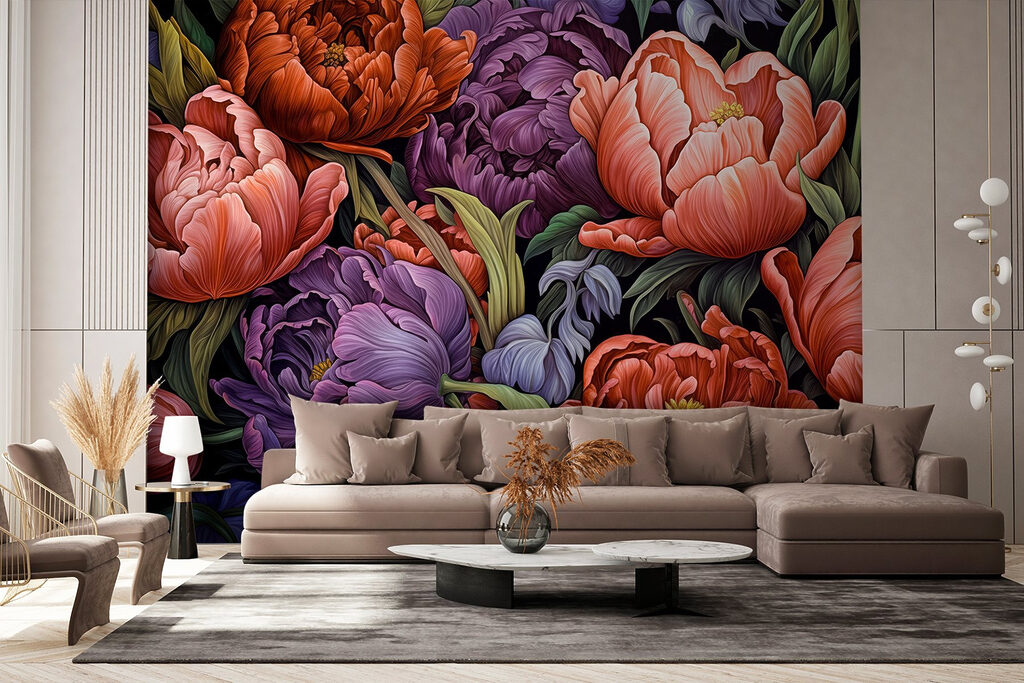 Dieprode bloemen naast paars — interieur 3