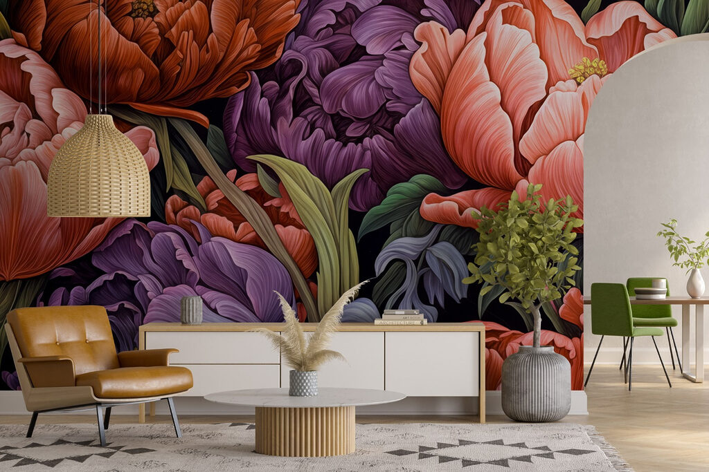 Dieprode bloemen naast paars — interieur 4