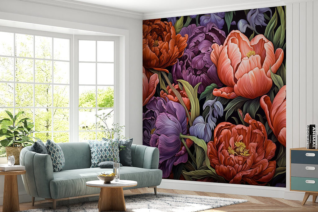 Dieprode bloemen naast paars — interieur 5