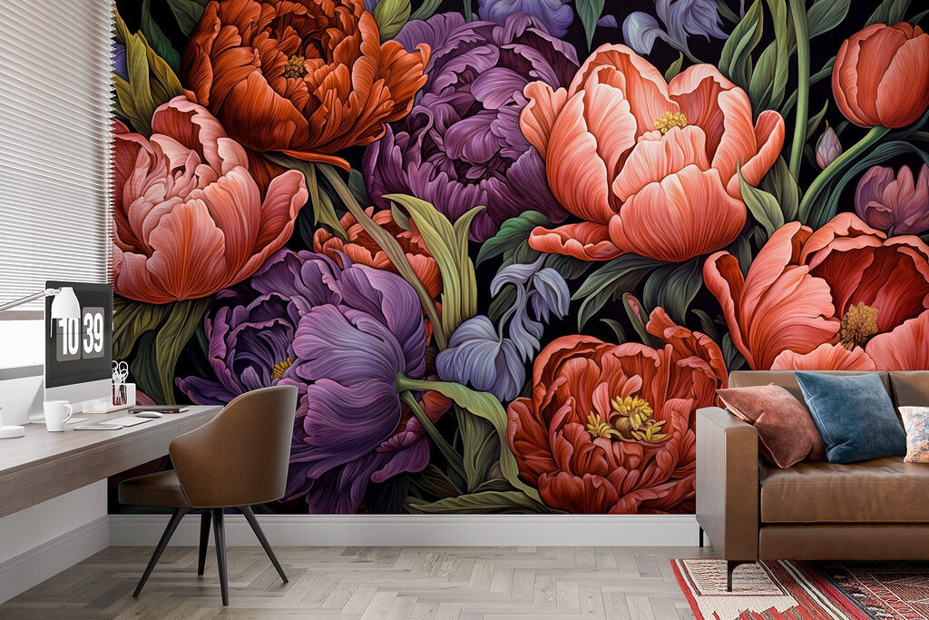 Dieprode bloemen naast paars — interieur 6