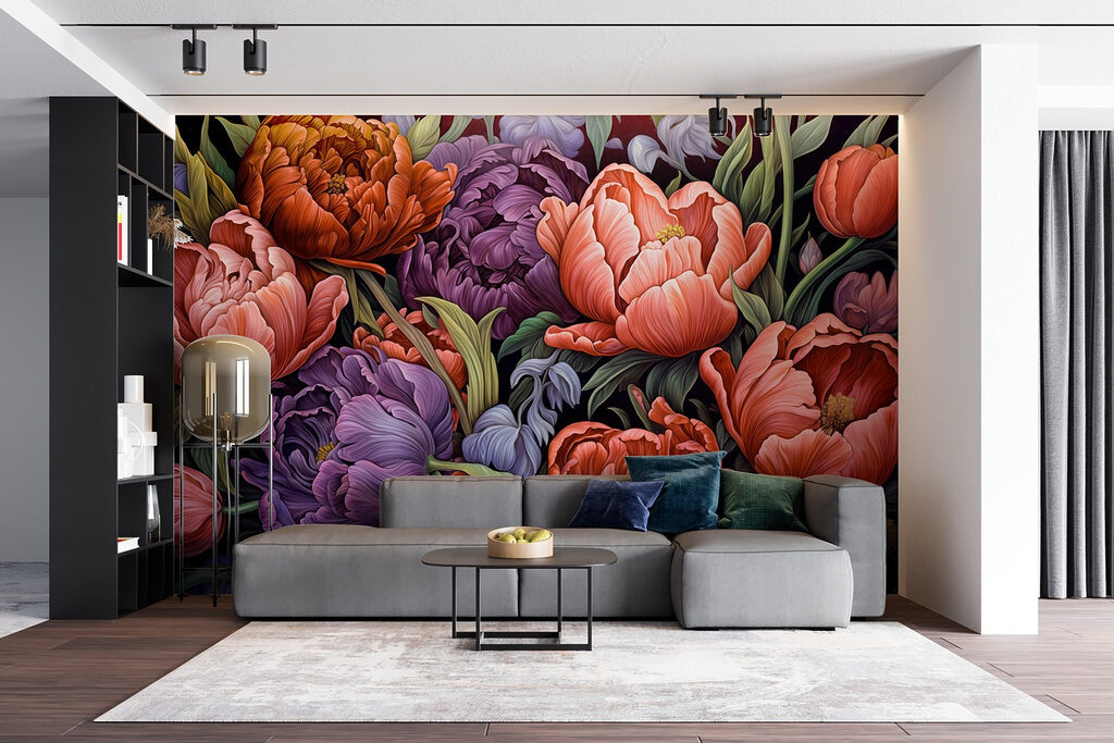 Dieprode bloemen naast paars — interieur 7