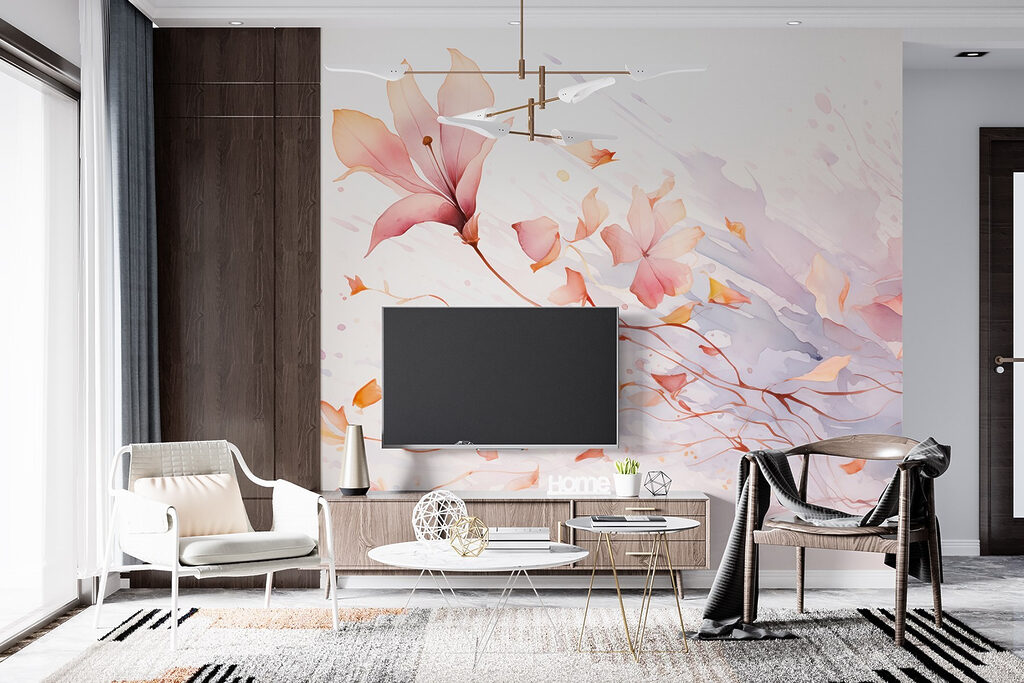 Roze bloesem in verfwervels — interieur 5