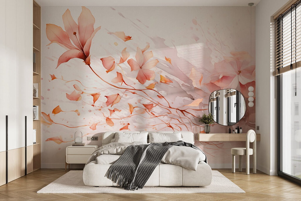 Schilderij van bloemen en bladeren in een interieur
