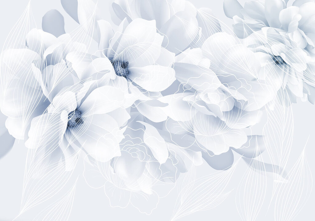 Lichtblauwe bloemen met bladnerven — volledig ontwerp