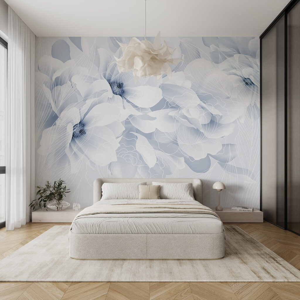 Lichtblauwe bloemen met bladnerven — interieur 1