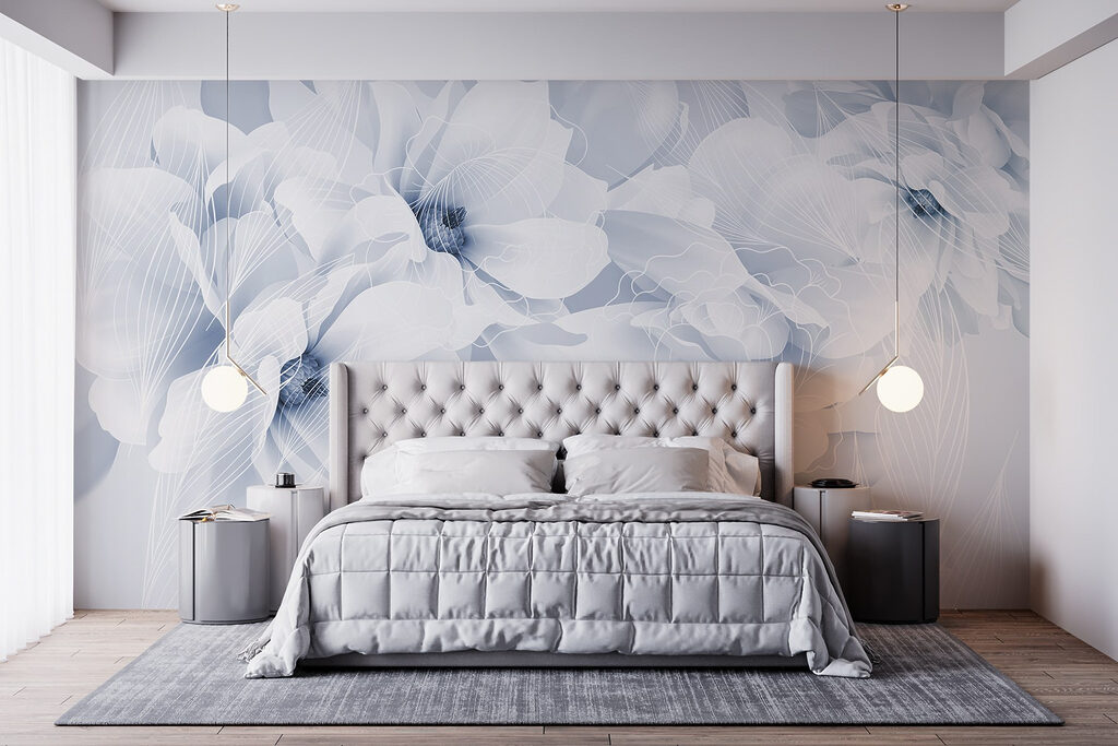 Lichtblauwe bloemen met bladnerven — interieur 2