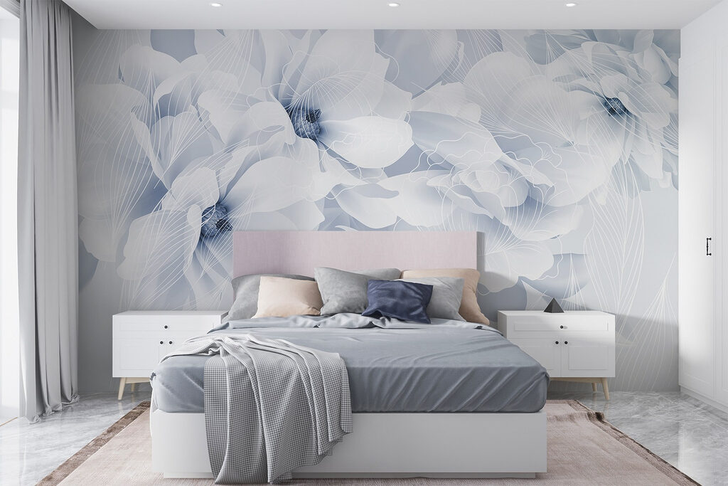Lichtblauwe bloemen met bladnerven — interieur 3