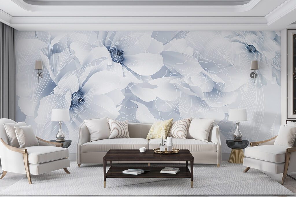 Lichtblauwe bloemen met bladnerven — interieur 4