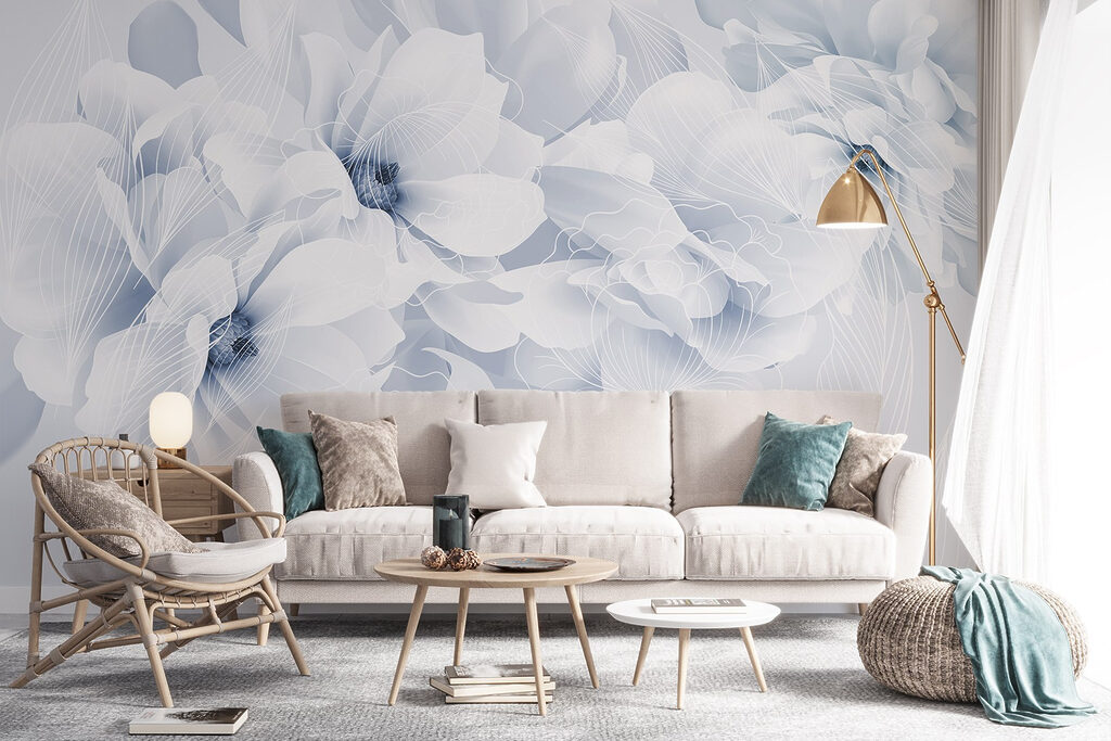 Lichtblauwe bloemen met bladnerven — interieur 5