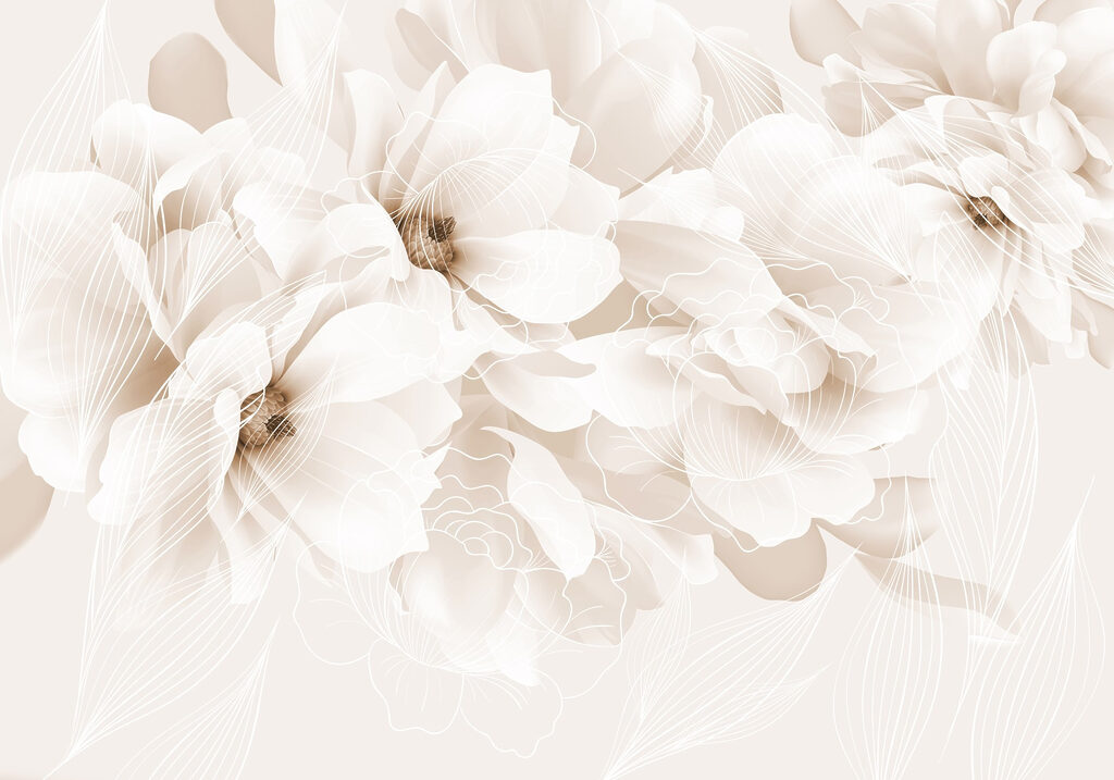 Witte bloemen, doorschijnende blaadjes — volledig ontwerp