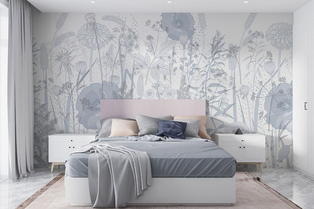 Lichte veldbloemen als lijnprent — interieur 1