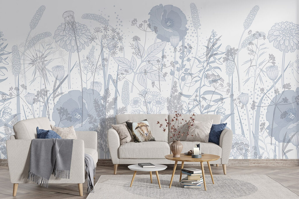 Lichte veldbloemen als lijnprent — interieur 2