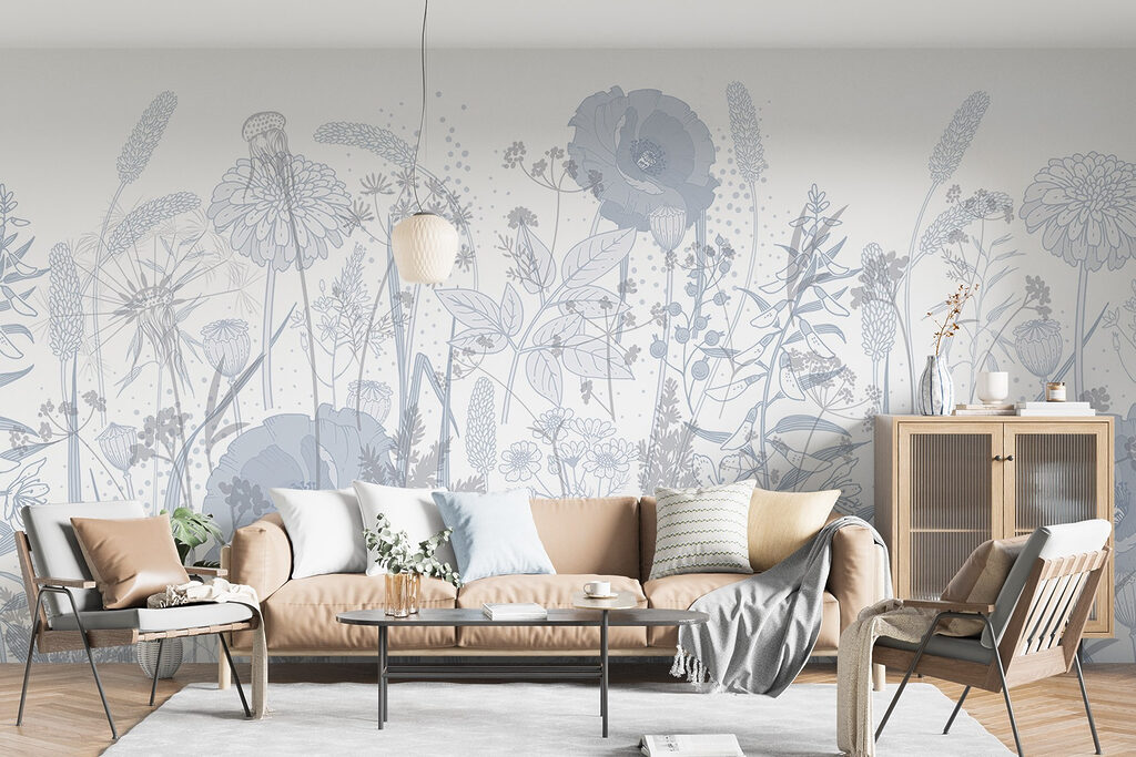 Lichte veldbloemen als lijnprent — interieur 3