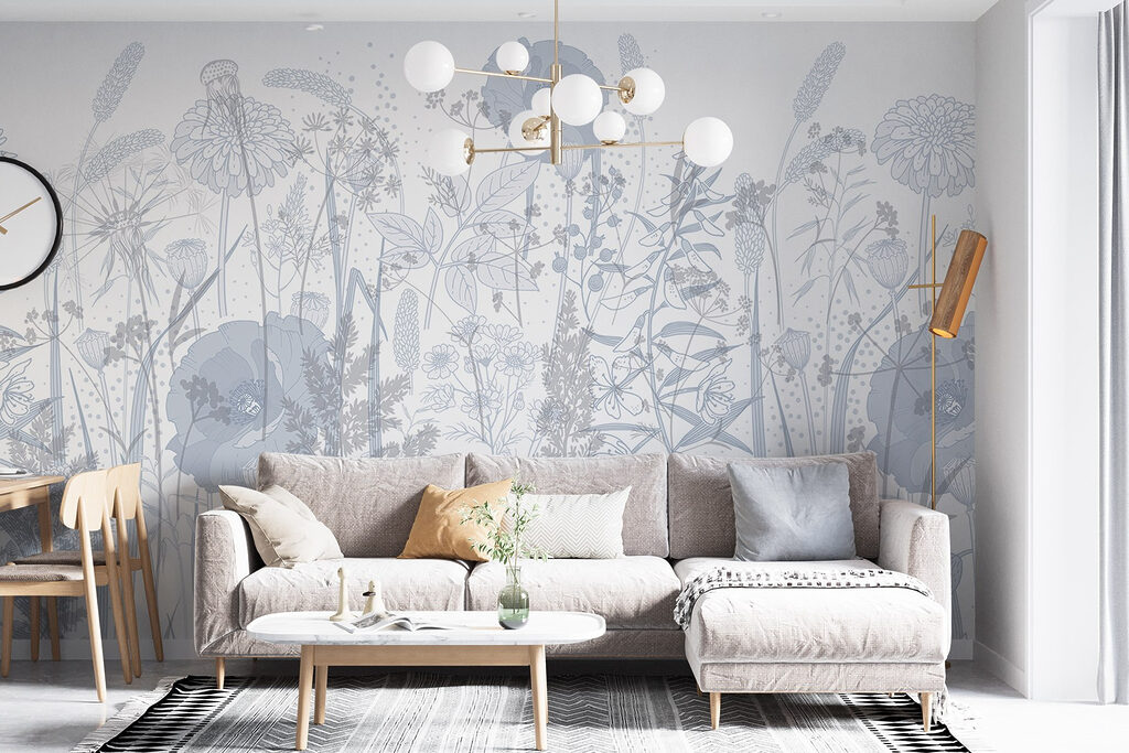Lichte veldbloemen als lijnprent — interieur 5