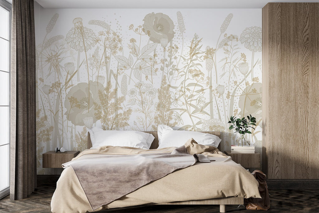 Delicate bloemmotieven in aardetinten in een interieur