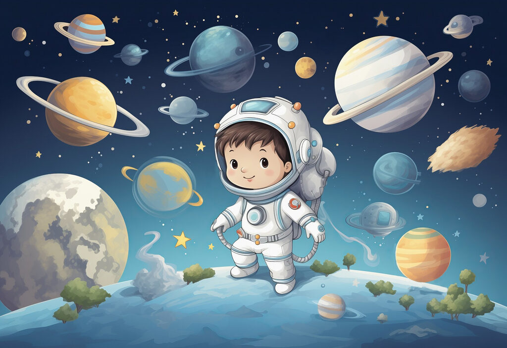 Ruimtereiziger tussen kleurrijke planeten — volledig ontwerp