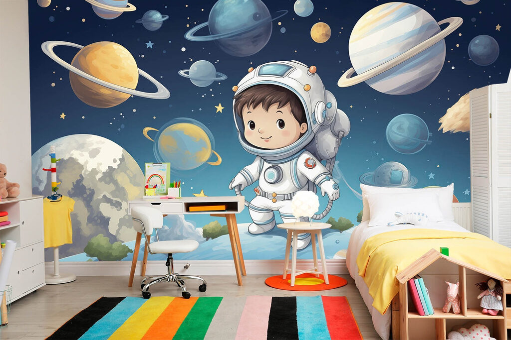 Ruimtereiziger tussen kleurrijke planeten — interieur 1