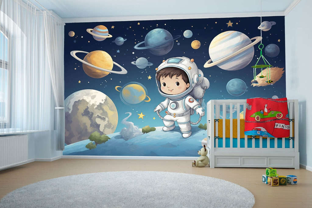 Ruimtereiziger tussen kleurrijke planeten — interieur 2