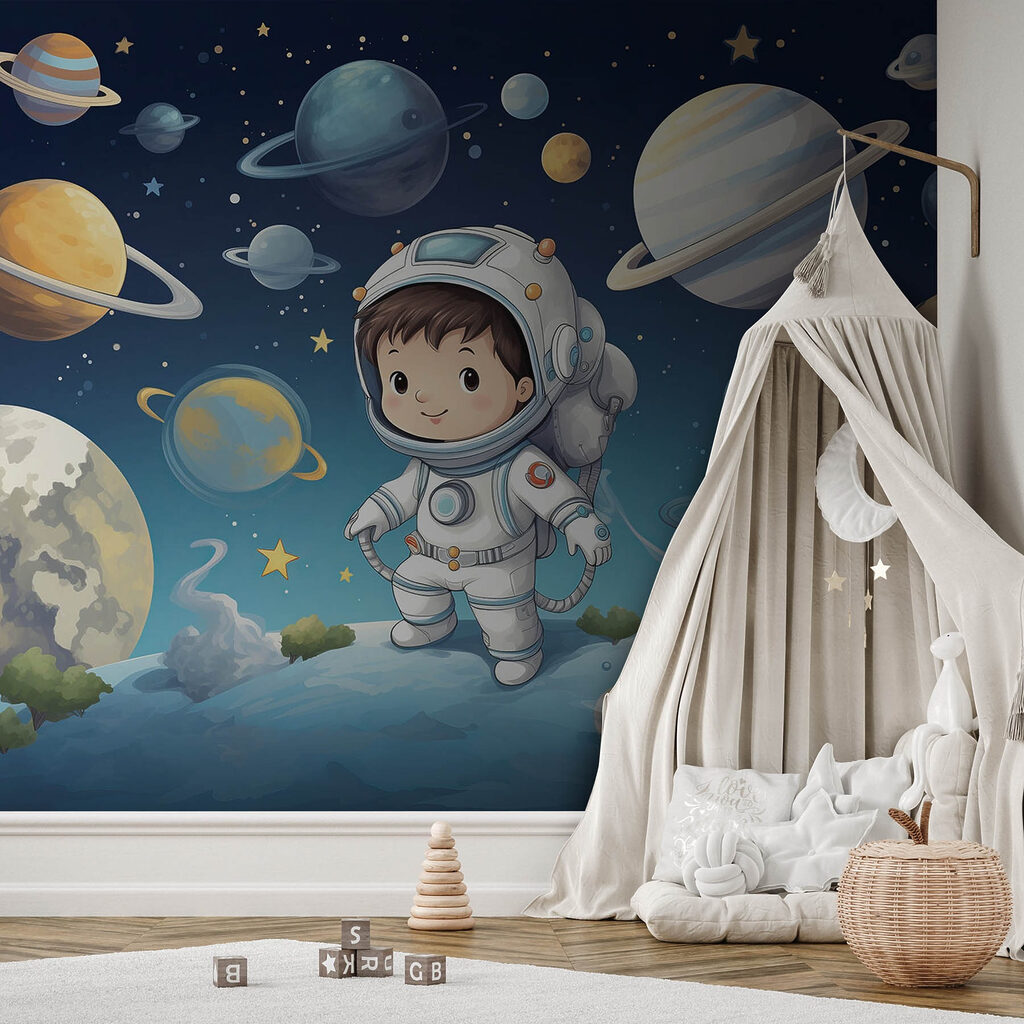 Ruimtereiziger tussen kleurrijke planeten — interieur 3