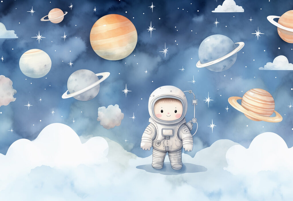 Astronaut boven witte wolken — volledig ontwerp