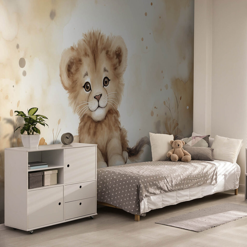 Aquarel van een leeuwenwelp in een interieur