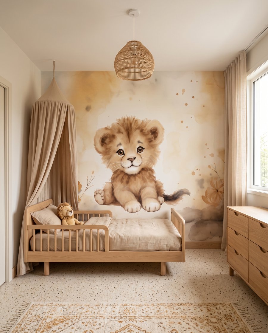 Leeuwenwelpje in warme verf in een interieur