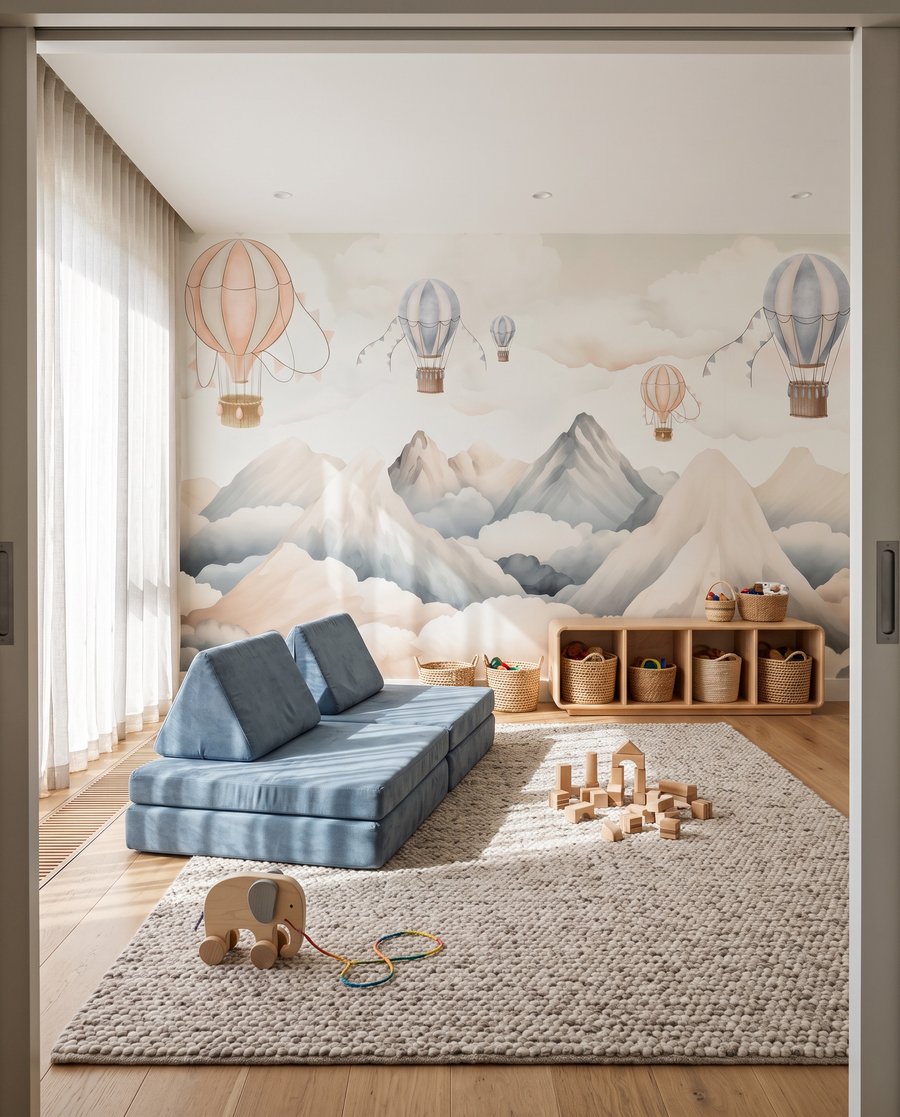 Groep heteluchtballonnen in de lucht boven bergen in een interieur