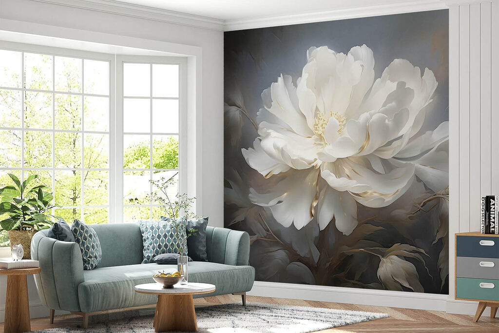 Witte pioen tegen stormgrijs — interieur 2