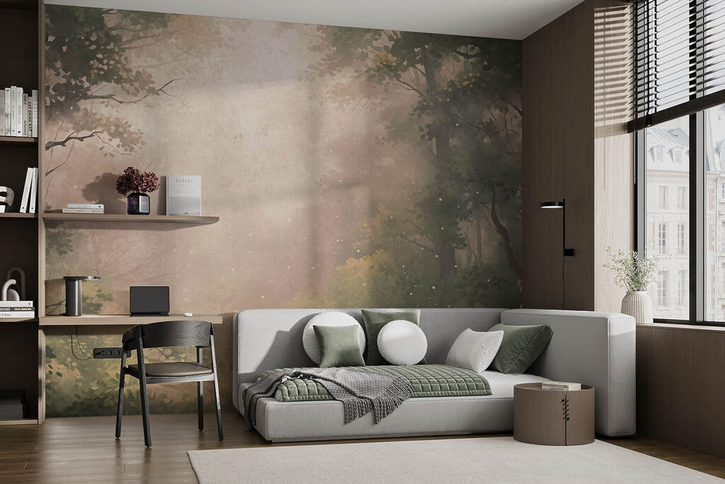 Mistig bos met bomen en planten in een interieur