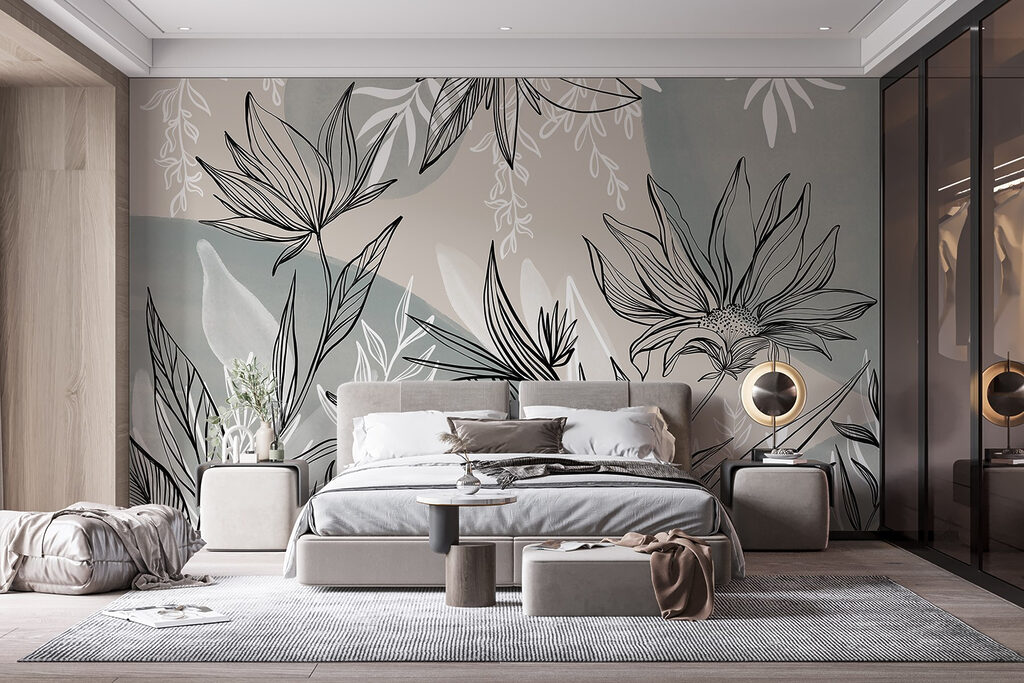 Zwarte bloemlijnen op grijsgroen — interieur 2